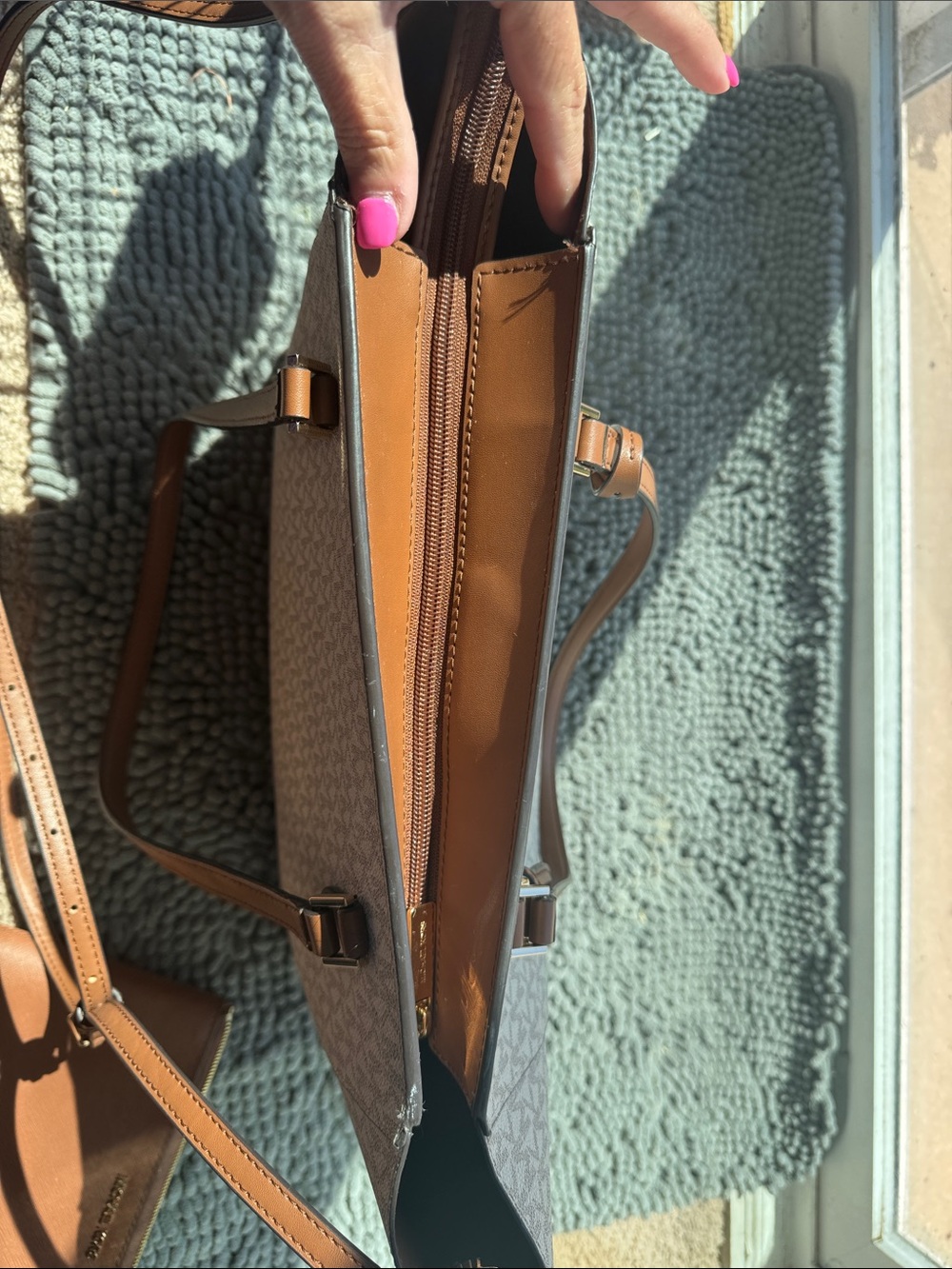 Michael Kors Beige Signature MK Tote with Brown Leather Trim - Picture 5 of 13
